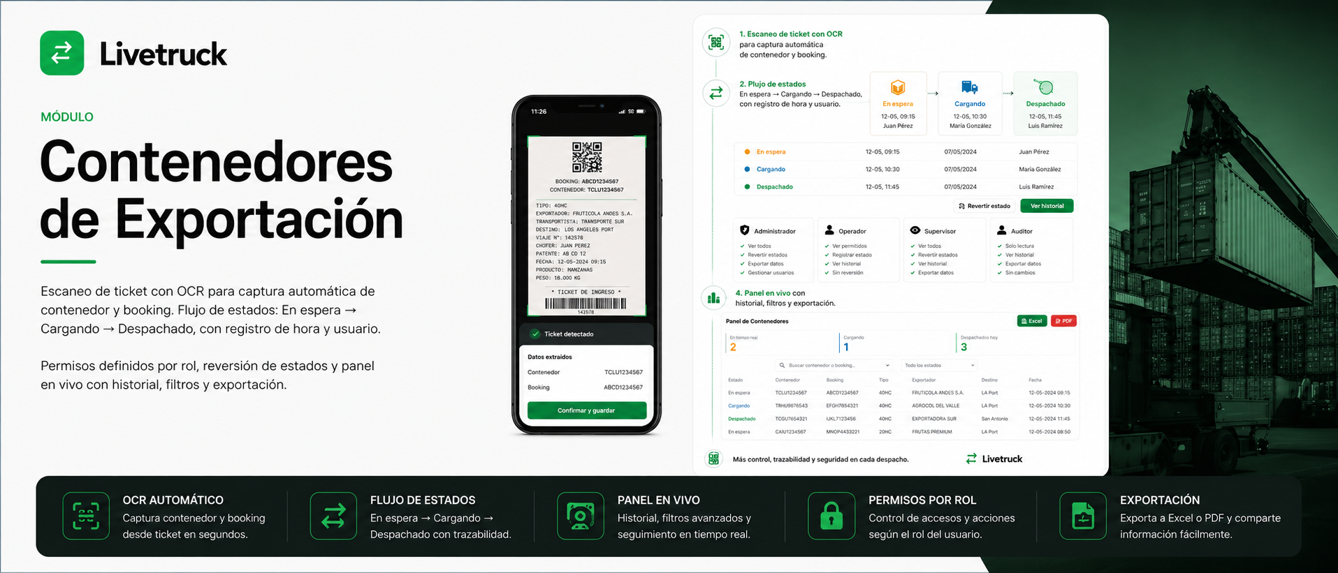 M&oacute;dulo de contenedores de exportaci&oacute;n con OCR de ticket, booking y estados
